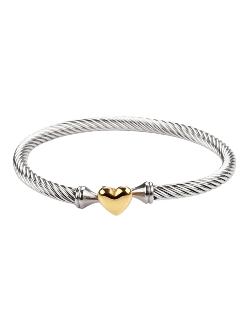 Two-Tone Heart Cable Bangle Bracelet - Gold & Silver